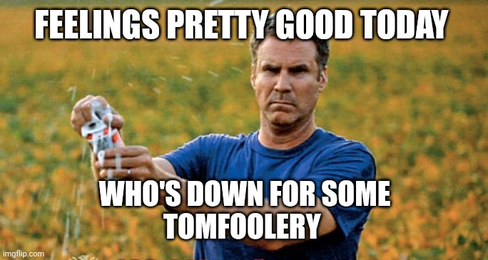 Will Ferrell morning beer | FEELINGS PRETTY GOOD TODAY; WHO'S DOWN FOR SOME
TOMFOOLERY | image tagged in will ferrell morning beer | made w/ Imgflip meme maker