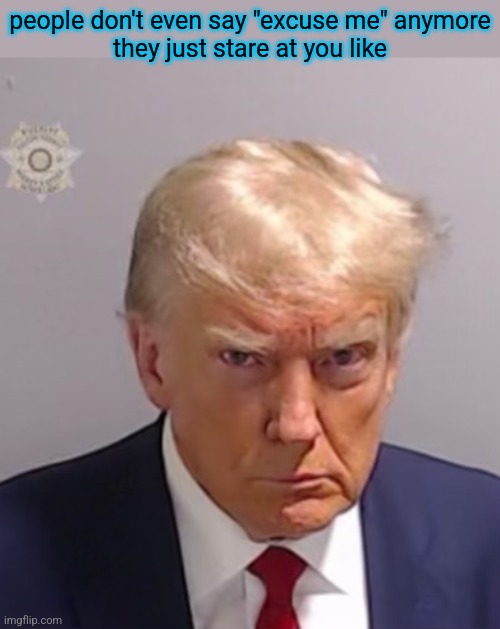 Donald Trump Mugshot | people don't even say "excuse me" anymore
they just stare at you like | image tagged in donald trump mugshot | made w/ Imgflip meme maker