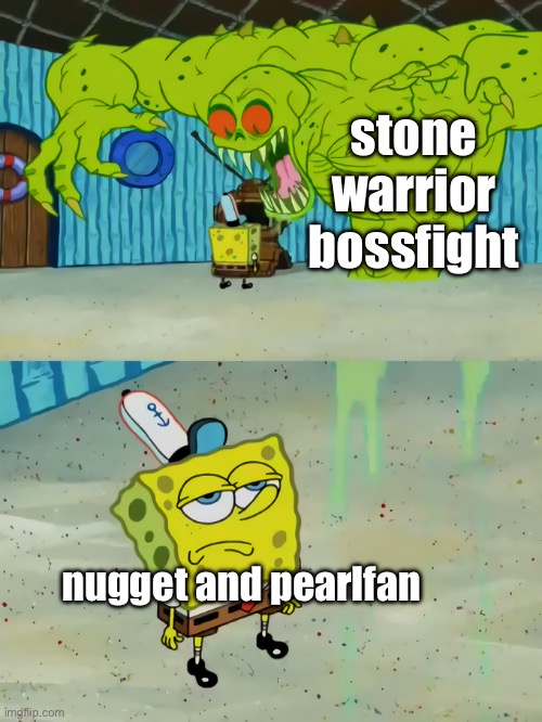 “Cool” is an interesting way to respond to being attacked by a giant statue | stone warrior bossfight; nugget and pearlfan | image tagged in spongebob monster | made w/ Imgflip meme maker