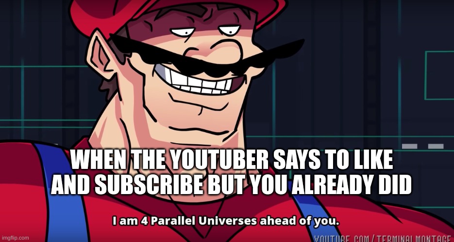 dont unlike or unsubscribe! | WHEN THE YOUTUBER SAYS TO LIKE AND SUBSCRIBE BUT YOU ALREADY DID | image tagged in mario i am four parallel universes ahead of you | made w/ Imgflip meme maker