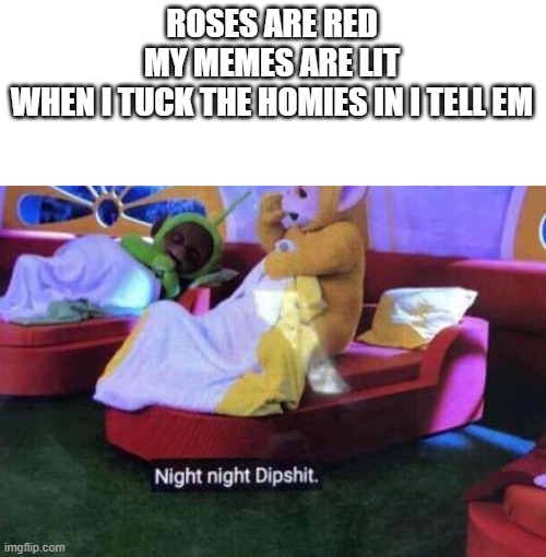 mine | ROSES ARE RED
MY MEMES ARE LIT
WHEN I TUCK THE HOMIES IN I TELL EM | image tagged in night night dipsh t | made w/ Imgflip meme maker