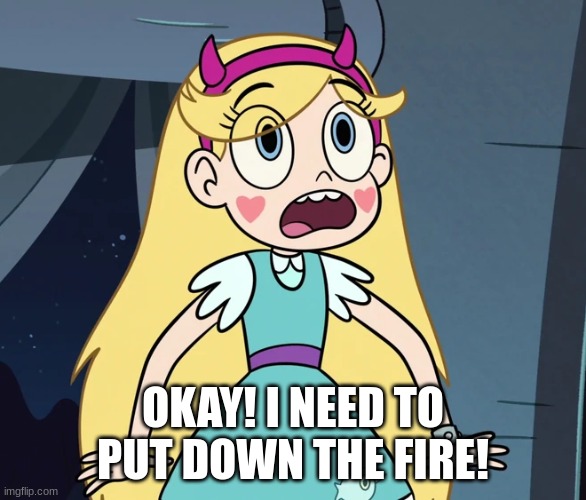 Star Butterfly shocked | OKAY! I NEED TO PUT DOWN THE FIRE! | image tagged in star butterfly shocked | made w/ Imgflip meme maker