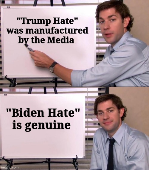 An important difference | "Trump Hate" was manufactured by the Media; "Biden Hate" is genuine | image tagged in jim halpert explains,trump derangement syndrome,biased media,creation,politicians suck,party of haters | made w/ Imgflip meme maker