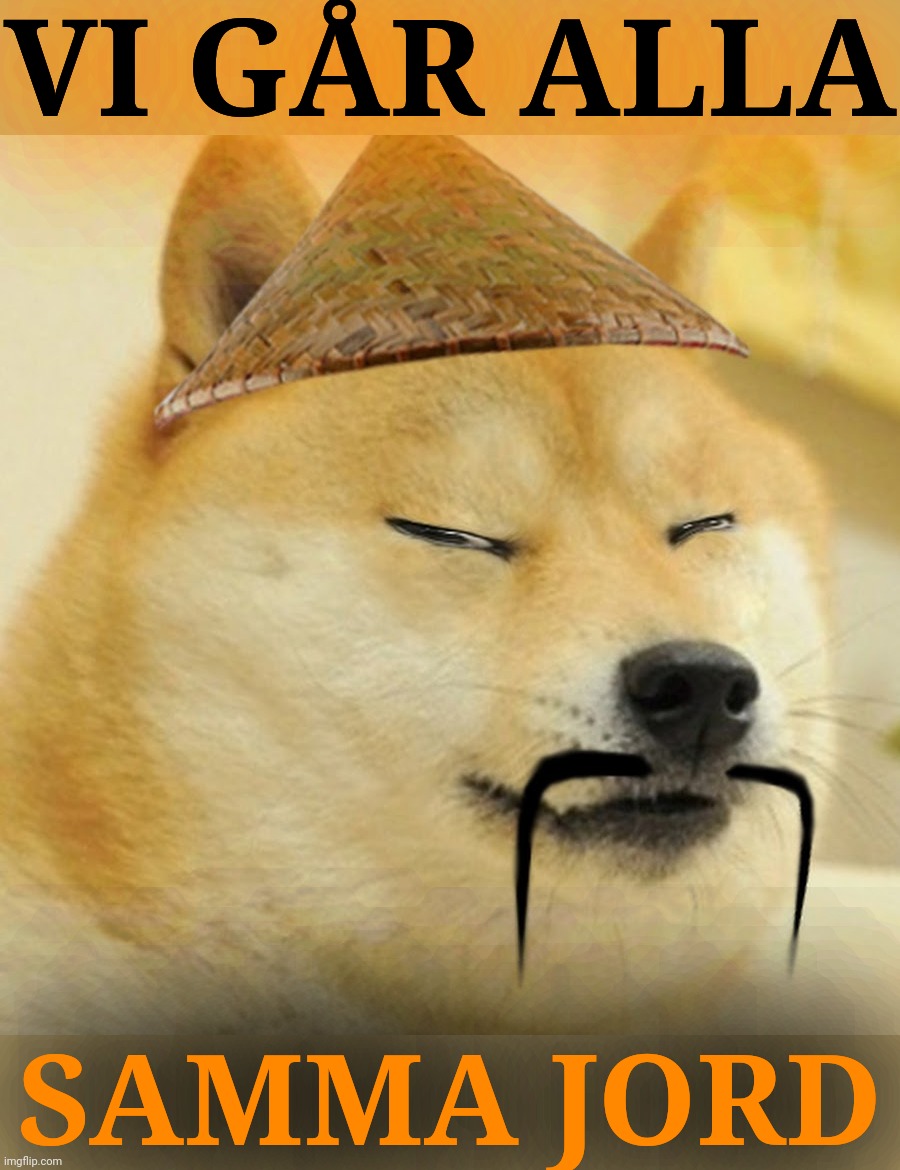 Barkfucius asian Doge Barkfucious | VI GÅR ALLA SAMMA JORD | image tagged in barkfucius asian doge barkfucious | made w/ Imgflip meme maker