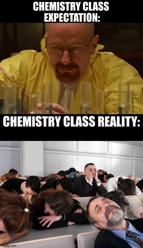 i'm not taking chemistry, but i know someone who is | CHEMISTRY CLASS 
EXPECTATION: | image tagged in walter white cooking,school,bored | made w/ Imgflip meme maker