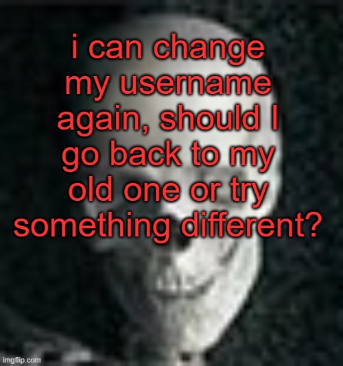 . | i can change my username again, should I go back to my old one or try something different? | image tagged in skull | made w/ Imgflip meme maker