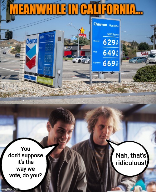 When you keep doing the same thing you get the same results | MEANWHILE IN CALIFORNIA... You don't suppose it's the way we vote, do you? Nah, that's ridiculous! | image tagged in gas prices,dumb and dumber,democrats,voting | made w/ Imgflip meme maker