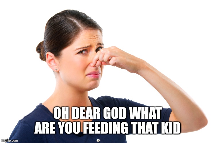 woman holding her nose | OH DEAR GOD WHAT ARE YOU FEEDING THAT KID | image tagged in woman holding her nose | made w/ Imgflip meme maker