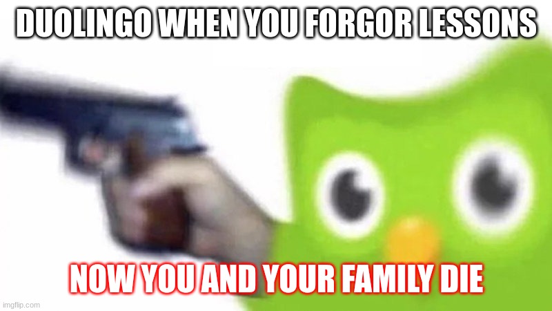 duolingo gun | DUOLINGO WHEN YOU FORGOR LESSONS NOW YOU AND YOUR FAMILY DIE | image tagged in duolingo gun | made w/ Imgflip meme maker