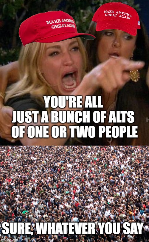 I guess you all need to find out in 2024.  Again. | YOU'RE ALL 
JUST A BUNCH OF ALTS 
OF ONE OR TWO PEOPLE; SURE, WHATEVER YOU SAY | image tagged in crowd of people,maga stands alone,mess around and find out,trump sucks | made w/ Imgflip meme maker