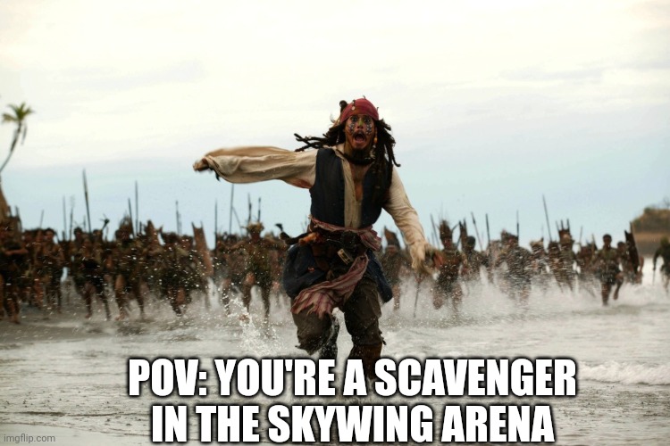 captain jack sparrow running | POV: YOU'RE A SCAVENGER IN THE SKYWING ARENA | image tagged in captain jack sparrow running | made w/ Imgflip meme maker