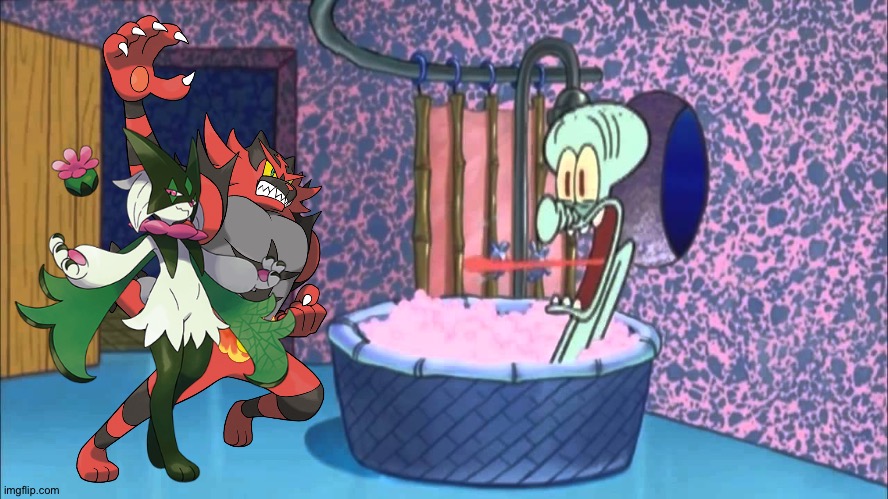Incineroar and Meowscarada drops by Squidward's house | image tagged in who dropped by squidward's house | made w/ Imgflip meme maker