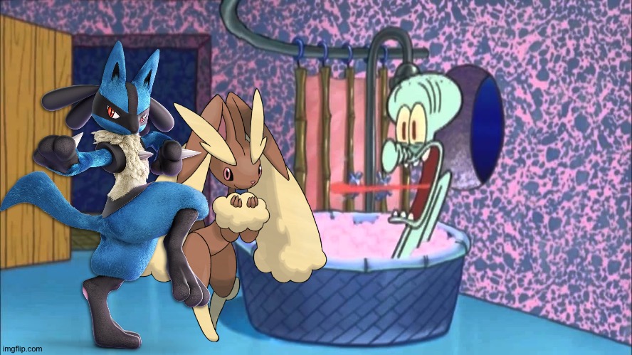 Lucario and Lopunny enjoying a vacation at Squidward's house | image tagged in who dropped by squidward's house | made w/ Imgflip meme maker