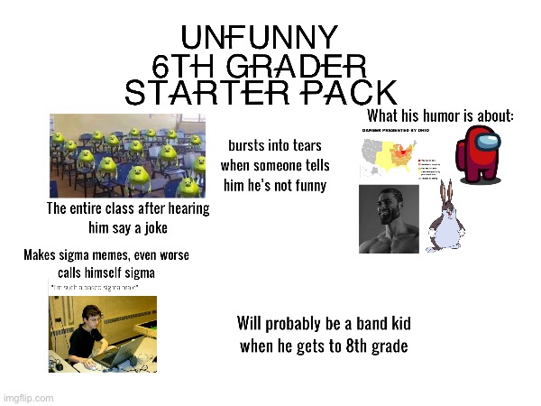 Unfunny 6th grader starter pack | image tagged in unfunny,not funny,x starter pack,starter pack | made w/ Imgflip meme maker