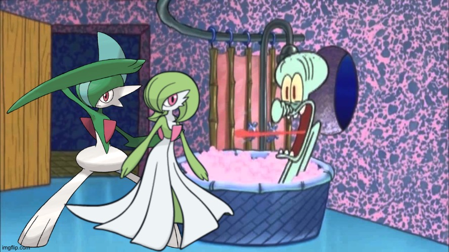 Gallade and Gardevoir drop by Squidward's house | image tagged in who dropped by squidward's house | made w/ Imgflip meme maker