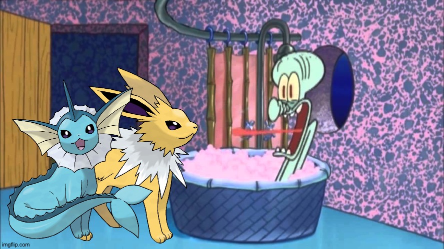 Jolteon and Vaporeon enjoying a vacation at Squidward's house | image tagged in who dropped by squidward's house | made w/ Imgflip meme maker
