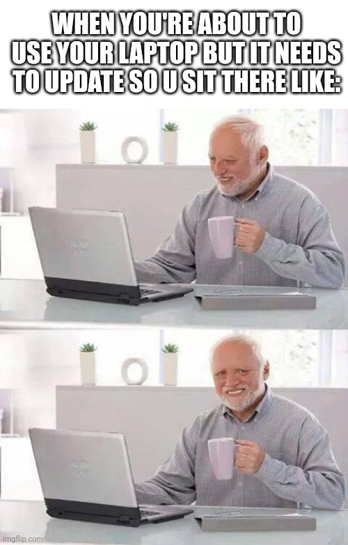 It's very true | WHEN YOU'RE ABOUT TO USE YOUR LAPTOP BUT IT NEEDS TO UPDATE SO U SIT THERE LIKE: | image tagged in memes,hide the pain harold | made w/ Imgflip meme maker