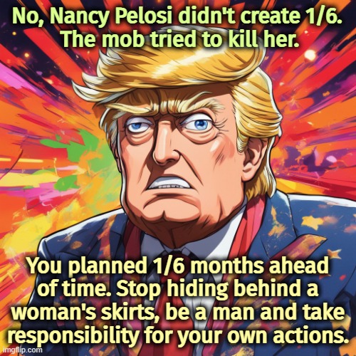 No, Nancy Pelosi didn't create 1/6. 
The mob tried to kill her. You planned 1/6 months ahead of time. Stop hiding behind a woman's skirts, be a man and take responsibility for your own actions. | image tagged in trump,alibi,nancy pelosi,lies | made w/ Imgflip meme maker
