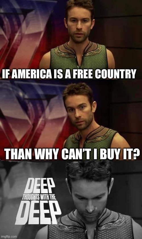 Fr though | IF AMERICA IS A FREE COUNTRY; THAN WHY CAN’T I BUY IT? | image tagged in deep thoughts with the deep | made w/ Imgflip meme maker