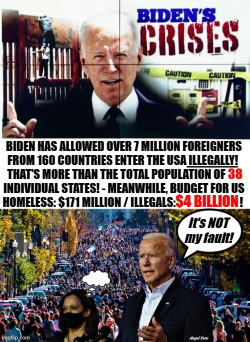 biden's illegal immigration crisis | BIDEN HAS ALLOWED OVER 7 MILLION FOREIGNERS 
FROM 160 COUNTRIES ENTER THE USA ILLEGALLY!  
THAT'S MORE THAN THE TOTAL POPULATION OF        
INDIVIDUAL STATES! - MEANWHILE, BUDGET FOR US 
HOMELESS: $171 MILLION / ILLEGALS:                             ! 38; $4 BILLION; It's NOT
my fault! Angel Soto | image tagged in joe biden,kamala harris,illegal immigration,foreigner,population,crisis | made w/ Imgflip meme maker