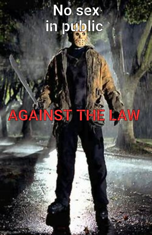 Jason Voorhees Pose | No sex in public AGAINST THE LAW | image tagged in jason voorhees pose | made w/ Imgflip meme maker