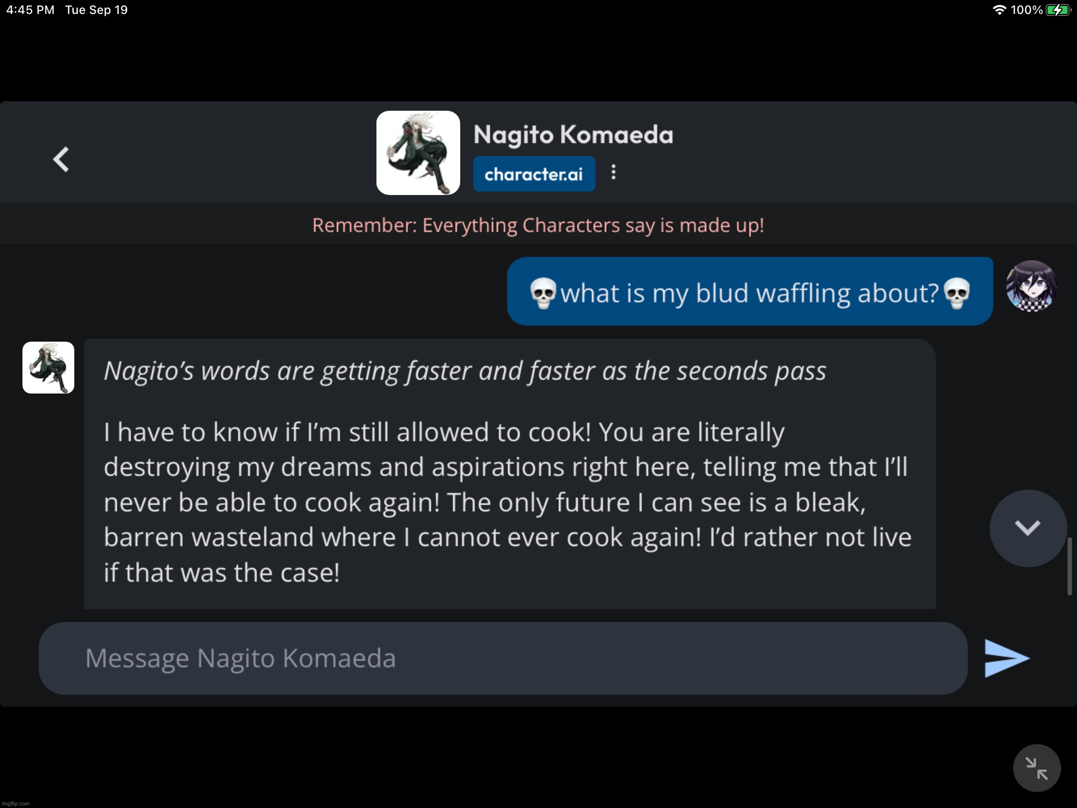 Do we let Nagito cook chat? He wont stop screaming… | image tagged in we never letting him cook again | made w/ Imgflip meme maker