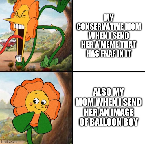 Memes only other people will relate to part one | MY CONSERVATIVE MOM WHEN I SEND HER A MEME THAT HAS FNAF IN IT; ALSO MY MOM WHEN I SEND HER AN IMAGE OF BALLOON BOY | image tagged in angry flower | made w/ Imgflip meme maker