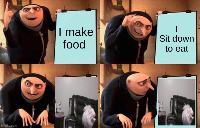 Gru's Plan | I make food; I Sit down to eat | image tagged in memes,gru's plan | made w/ Imgflip meme maker