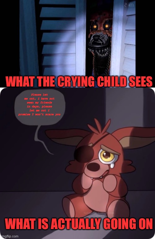 This is what actually is going on when we see nightmare foxy in the close | WHAT THE CRYING CHILD SEES; Please let me out, I have not seen my friends in days, please let me out I promise I won’t scare you; WHAT IS ACTUALLY GOING ON | image tagged in foxy fnaf 4,foxy fnaf 4 plush | made w/ Imgflip meme maker