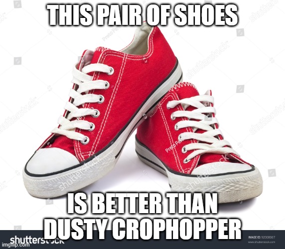 Pair of shoes | THIS PAIR OF SHOES; IS BETTER THAN DUSTY CROPHOPPER | image tagged in pair of shoes | made w/ Imgflip meme maker