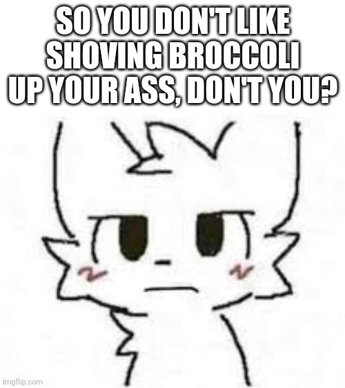 Dissatisfied boy kisser | SO YOU DON'T LIKE SHOVING BROCCOLI UP YOUR ASS, DON'T YOU? | image tagged in dissatisfied boy kisser | made w/ Imgflip meme maker