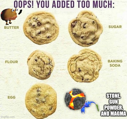 Oops, You Added Too Much | STONE, GUN POWDER, AND MAGMA | image tagged in oops you added too much | made w/ Imgflip meme maker