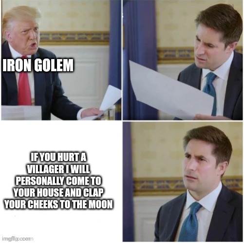 Donald Trump Interview | IRON GOLEM; IF YOU HURT A VILLAGER I WILL PERSONALLY COME TO YOUR HOUSE AND CLAP YOUR CHEEKS TO THE MOON | image tagged in donald trump interview | made w/ Imgflip meme maker