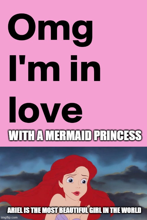 i'm in love with the most beautiful girl in the world | WITH A MERMAID PRINCESS; ARIEL IS THE MOST BEAUTIFUL GIRL IN THE WORLD | image tagged in omg i'm in love,still a better love story than twilight,i love democracy,disney,beautiful woman,ariel | made w/ Imgflip meme maker