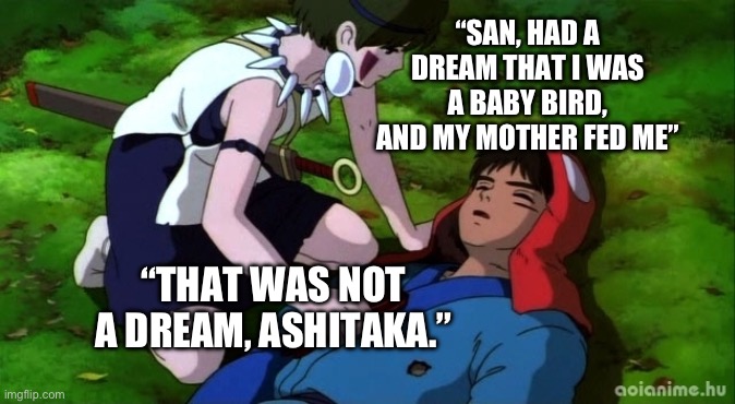 That Was Not a Dream | “SAN, HAD A DREAM THAT I WAS A BABY BIRD, AND MY MOTHER FED ME”; “THAT WAS NOT A DREAM, ASHITAKA.” | image tagged in mononoke ashitaka,princess mononoke,miyazaki,prince ashitaka,funny memes,anime | made w/ Imgflip meme maker