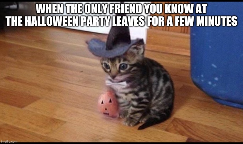 *stands there awkwardly* | WHEN THE ONLY FRIEND YOU KNOW AT THE HALLOWEEN PARTY LEAVES FOR A FEW MINUTES | image tagged in happy halloween | made w/ Imgflip meme maker