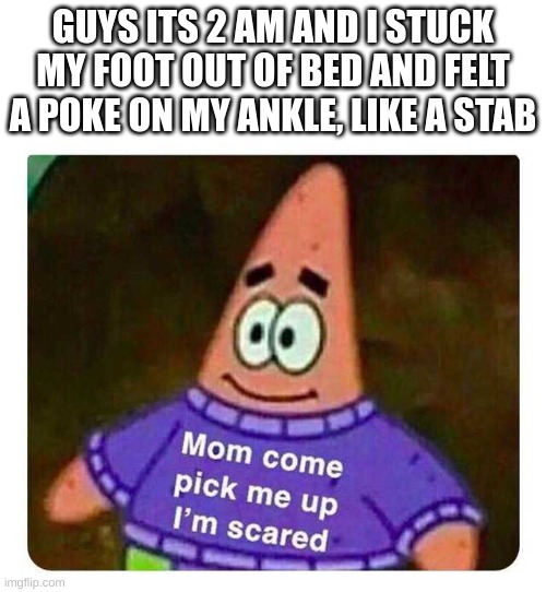 HELP | GUYS ITS 2 AM AND I STUCK MY FOOT OUT OF BED AND FELT A POKE ON MY ANKLE, LIKE A STAB | image tagged in patrick mom come pick me up i'm scared | made w/ Imgflip meme maker