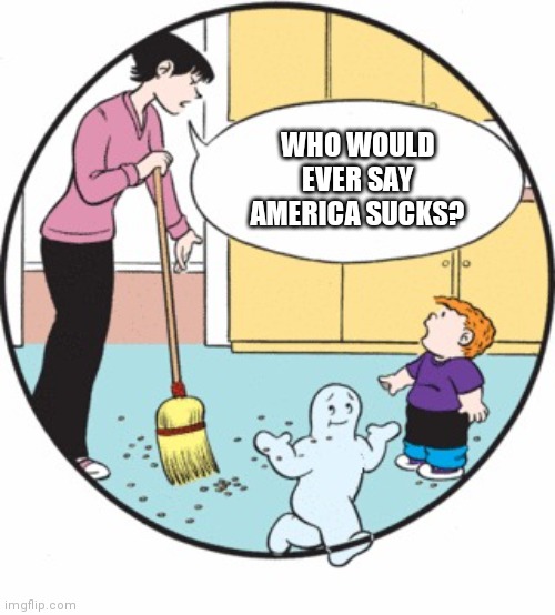 Family Circus Not Me | WHO WOULD EVER SAY AMERICA SUCKS? | image tagged in family circus not me | made w/ Imgflip meme maker