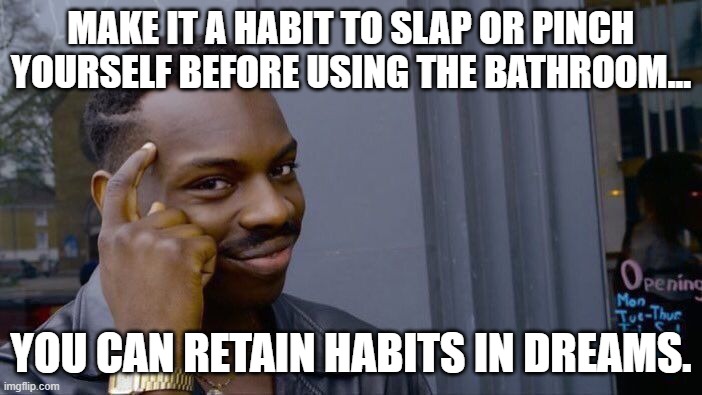 It happens to everyone at one point or another. | MAKE IT A HABIT TO SLAP OR PINCH YOURSELF BEFORE USING THE BATHROOM... YOU CAN RETAIN HABITS IN DREAMS. | image tagged in memes,roll safe think about it | made w/ Imgflip meme maker