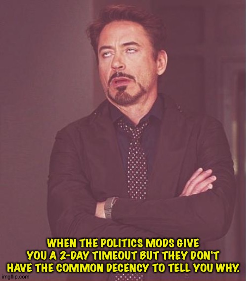 They must be in one of their moods again | WHEN THE POLITICS MODS GIVE YOU A 2-DAY TIMEOUT BUT THEY DON'T HAVE THE COMMON DECENCY TO TELL YOU WHY. | image tagged in memes,face you make robert downey jr | made w/ Imgflip meme maker