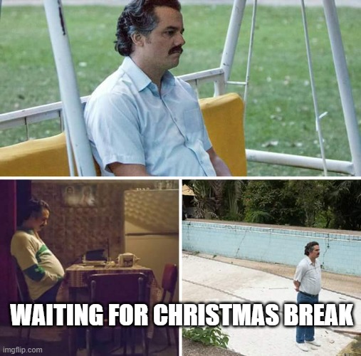 Sad Pablo Escobar Meme | WAITING FOR CHRISTMAS BREAK | image tagged in memes,sad pablo escobar | made w/ Imgflip meme maker