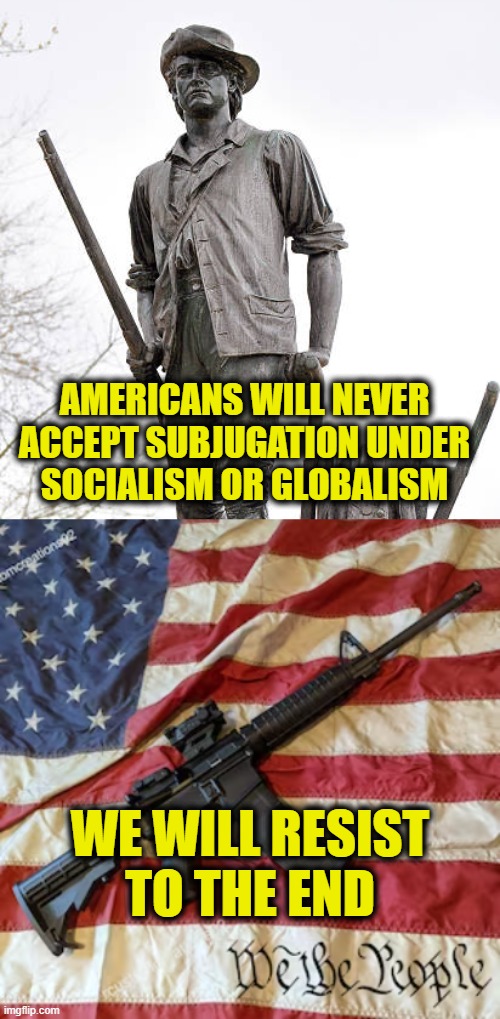Freedom will never die | AMERICANS WILL NEVER
ACCEPT SUBJUGATION UNDER
SOCIALISM OR GLOBALISM; WE WILL RESIST
TO THE END | image tagged in freedom | made w/ Imgflip meme maker