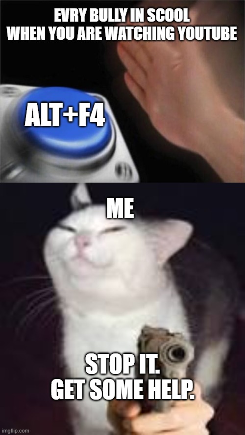 EVRY BULLY IN SCOOL WHEN YOU ARE WATCHING YOUTUBE; ALT+F4; ME; STOP IT. GET SOME HELP. | image tagged in memes,blank nut button | made w/ Imgflip meme maker