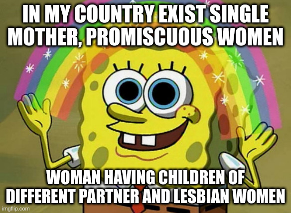 children | IN MY COUNTRY EXIST SINGLE MOTHER, PROMISCUOUS WOMEN; WOMAN HAVING CHILDREN OF DIFFERENT PARTNER AND LESBIAN WOMEN | image tagged in memes,imagination spongebob | made w/ Imgflip meme maker