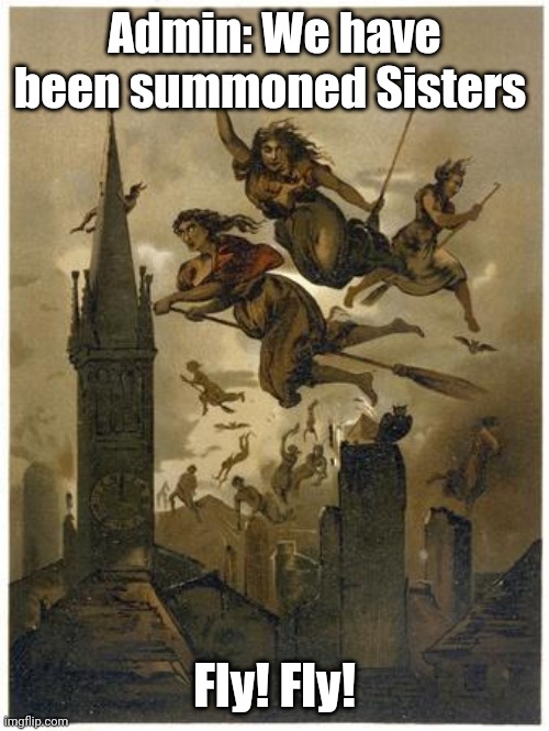 Admin | Admin: We have been summoned Sisters; Fly! Fly! | image tagged in admin,witches | made w/ Imgflip meme maker