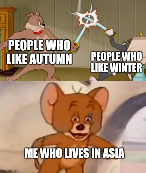 Btw in asia there are only 2 seasons: Summer and monsoon | PEOPLE WHO LIKE AUTUMN; PEOPLE WHO LIKE WINTER; ME WHO LIVES IN ASIA | image tagged in tom and jerry swordfight | made w/ Imgflip meme maker