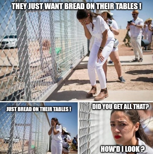AOC Fence | THEY JUST WANT BREAD ON THEIR TABLES ! JUST BREAD ON THEIR TABLES ! DID YOU GET ALL THAT? HOW'D I LOOK ? | image tagged in aoc fence | made w/ Imgflip meme maker