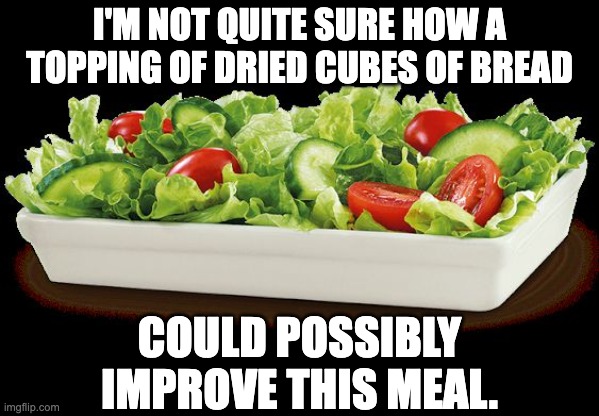 Salad | I'M NOT QUITE SURE HOW A TOPPING OF DRIED CUBES OF BREAD; COULD POSSIBLY IMPROVE THIS MEAL. | image tagged in salad because no great story started with alcohol | made w/ Imgflip meme maker