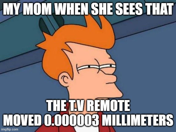 memememmememmemeeeeeeeeeeeeeeeeeeeeeeeeeeeeeeeeeeeeeeeeeeme | MY MOM WHEN SHE SEES THAT; THE T.V REMOTE MOVED 0.000003 MILLIMETERS | image tagged in memes,futurama fry | made w/ Imgflip meme maker