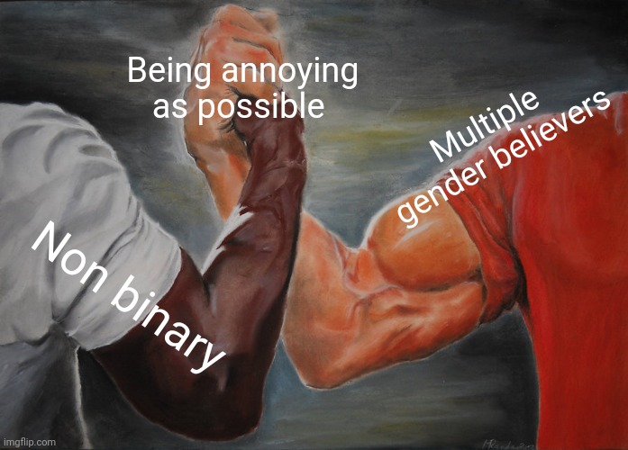 Mental disorder | Being annoying as possible; Multiple gender believers; Non binary | image tagged in memes,epic handshake | made w/ Imgflip meme maker